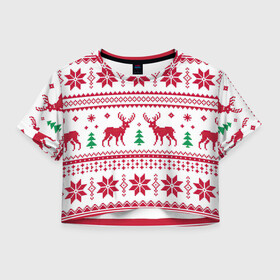 Женская футболка Crop-top 3D с принтом Зимняя ночь , 100% полиэстер | круглая горловина, длина футболки до линии талии, рукава с отворотами | арт | вязаный рисунок | вязь | дерево | ёлка | ёлки | ель | новый год | олени | олень | рисунок | рождество | снег | снежинка | снежинки