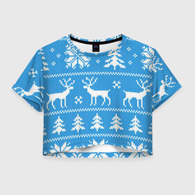 Женская футболка Crop-top 3D с принтом Зимняя ночь , 100% полиэстер | круглая горловина, длина футболки до линии талии, рукава с отворотами | арт | вязаный рисунок | вязь | ёлка | ёлки | ель | лес | новый год | ночь | олени | олень | рисунок | рождество | снег | снеговик | снеговики | снежинка | снежинки