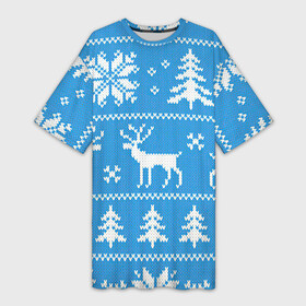 Платье-футболка 3D с принтом Зимняя дикая лесная ночь ,  |  | Тематика изображения на принте: арт | вязаный рисунок | вязь | ёлка | ёлки | ель | лес | новый год | ночь | олени | олень | рисунок | рождество | снег | снеговик | снеговики | снежинка | снежинки