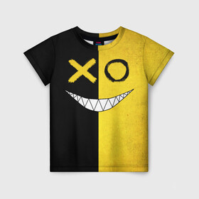 Детская футболка 3D с принтом Yellow and black smile , 100% гипоаллергенный полиэфир | прямой крой, круглый вырез горловины, длина до линии бедер, чуть спущенное плечо, ткань немного тянется | emoji | smile | глаза крестики | злой смайл | злой смайлик | зубы | контраст | крестики | подарок | пятна | смайл | смайлик | улыбка | эмоджи | эмоция