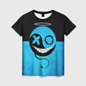 Женская футболка 3D с принтом Smail Blue , 100% полиэфир ( синтетическое хлопкоподобное полотно) | прямой крой, круглый вырез горловины, длина до линии бедер | Тематика изображения на принте: emoji | smile | глаза крестики | злой смайл | злой смайлик | зубы | контраст | крестики | подарок | пятна | смайл | смайлик | улыбка | эмоджи | эмоция