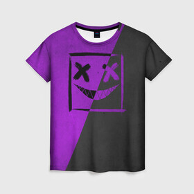 Женская футболка 3D с принтом Purple Smile , 100% полиэфир ( синтетическое хлопкоподобное полотно) | прямой крой, круглый вырез горловины, длина до линии бедер | emoji | smile | глаза крестики | злой смайл | злой смайлик | зубы | контраст | крестики | подарок | пятна | смайл | смайлик | улыбка | эмоджи | эмоция