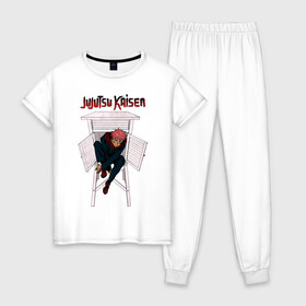 Женская пижама хлопок с принтом Итадори Юдзи Магическая битва , 100% хлопок | брюки и футболка прямого кроя, без карманов, на брюках мягкая резинка на поясе и по низу штанин | anime | jujutsu kaisen | manga | sorsery fight | yuji itadori | аниме | джутсу кайсен | дзюдзюцу кайсэн | засранец | итадори юдзи | маг | магическая битва | манга | проклятия | сосуд для сукуна