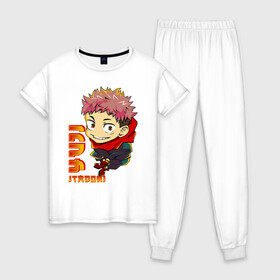 Женская пижама хлопок с принтом Yuji Itadori Jujutsu Kaisen , 100% хлопок | брюки и футболка прямого кроя, без карманов, на брюках мягкая резинка на поясе и по низу штанин | anime | jujutsu kaisen | manga | sorsery fight | yuji itadori | аниме | джутсу кайсен | дзюдзюцу кайсэн | засранец | итадори юдзи | маг | магическая битва | манга | проклятия | сосуд для сукуна