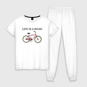 Женская пижама хлопок с принтом Велосипед , 100% хлопок | брюки и футболка прямого кроя, без карманов, на брюках мягкая резинка на поясе и по низу штанин | bike | life | road | велосипед | дорога | жизнь