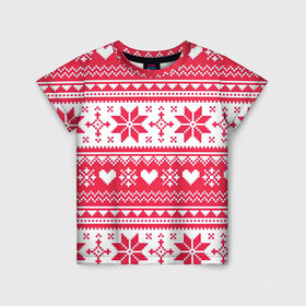 Детская футболка 3D с принтом Новогодний уют , 100% гипоаллергенный полиэфир | прямой крой, круглый вырез горловины, длина до линии бедер, чуть спущенное плечо, ткань немного тянется | Тематика изображения на принте: арт | вязаный рисунок | вязь | новый год | рисунок | рождество | сердечки | сердечко | сердца | сердце | снег | снежинка | снежинки