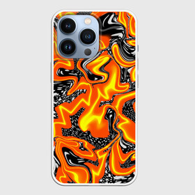 Чехол для iPhone 13 Pro с принтом Огненные разводы лавы ,  |  | Тематика изображения на принте: абстракция | желтый | огонь | оранжевый | пламя | пятна | разводы | чёрный | языки пламени