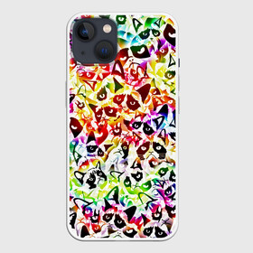 Чехол для iPhone 13 с принтом Веселый узор из грустных котов ,  |  | cat | grumpy | meme | tie die | tie dye | грустный | кот | котик | мем | паттерн | сердитый