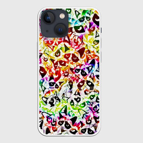 Чехол для iPhone 13 mini с принтом Веселый узор из грустных котов ,  |  | cat | grumpy | meme | tie die | tie dye | грустный | кот | котик | мем | паттерн | сердитый