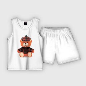 Детская пижама с шортами хлопок с принтом Медвежонок шотландец ,  |  | медведь | медвежонок | милый | оранжевый | плюшевый | пушистый