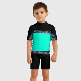 Детский купальный костюм 3D с принтом Черно бирюзовый узор , Полиэстер 85%, Спандекс 15% | застежка на молнии на спине | бирюзовый и черный | кайма | комбинированный | кружевной | модный | полосатый узор | тесьма | украшение