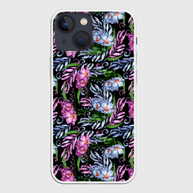 Чехол для iPhone 13 mini с принтом Чудесные фрезии на черном ,  |  | акварель | акварельный | вечерний | листва | листочки | листья | праздничный | темный | фрезии | фрезия | цветочки | цветочный | цветы | черный | чудесный