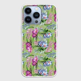 Чехол для iPhone 13 Pro с принтом Акварельные фрезии   фон киви ,  |  | Тематика изображения на принте: акварель | акварельные | акварельный | женственная | киви | листва | листочки | листья | оливковый | свежий | фрезии | фрезия | цветочки | цветочный | цветы