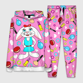 Женский костюм 3D с принтом кролик и косметика ,  |  | белые сердца | веселый | девочка | детский | духи | зайчик | кисть | косметика | косметичка | кролик | мультяшный | нежный | помада | пудра | разноцветный | розовый | румяна | сердечки