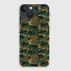 Чехол для iPhone 13 mini с принтом Охотник (камуфляж из зверей) ,  |  | Тематика изображения на принте: hunter | hunting | егерь | звери | капканы | лес | оружие | охота | охота на волка | охота на зайца | охота на кабана | охота на утку | охотник | ружьё