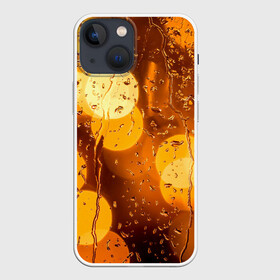 Чехол для iPhone 13 mini с принтом Дождик золотой ,  |  | Тематика изображения на принте: bright | city | drops | evening | golden | lights | rain | wet | вечер | город | дождик | золотой | капли | мокрое | огни | стекло | яркие