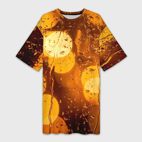 Платье-футболка 3D с принтом Дождик золотой ,  |  | Тематика изображения на принте: bright | city | drops | evening | golden | lights | rain | wet | вечер | город | дождик | золотой | капли | мокрое | огни | стекло | яркие