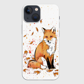 Чехол для iPhone 13 mini с принтом ЛИСА В ЛИСТЬЯХ   ОСЕННЕЕ НАСТРОЕНИЕ   FOX IN THE FOREST ,  |  | autumn | forest | fox | животные | звери | лес | лиса | листья | музыка | ноты | осень | песни | природа