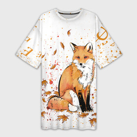 Платье-футболка 3D с принтом ЛИСА В ЛИСТЬЯХ  ОСЕННЕЕ НАСТРОЕНИЕ  FOX IN THE FOREST ,  |  | autumn | forest | fox | животные | звери | лес | лиса | листья | музыка | ноты | осень | песни | природа
