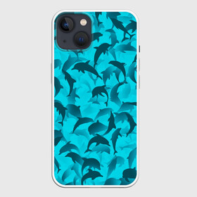 Чехол для iPhone 13 с принтом Синий камуфляж с дельфинами ,  |  | дельфин | дельфины | море | морской | океан | паттерн | рыба