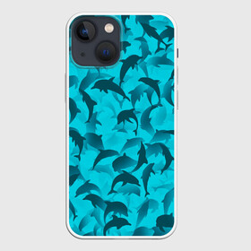 Чехол для iPhone 13 mini с принтом Синий камуфляж с дельфинами ,  |  | дельфин | дельфины | море | морской | океан | паттерн | рыба