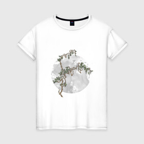 Женская футболка хлопок с принтом Дерево под луной в китайском стиле , 100% хлопок | прямой крой, круглый вырез горловины, длина до линии бедер, слегка спущенное плечо | дерево | звезды | китайский стиль | листва | луна | ночь | переплетение | природа | романтика | ствол дерева | узор