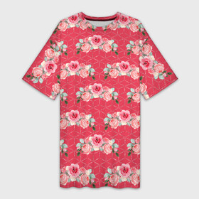 Платье-футболка 3D с принтом Красные розы паттерн ,  |  | rose | паттерн | розочки | розы | цветки | цветочки | цветы