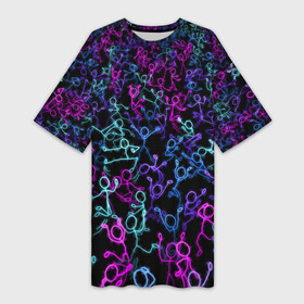 Платье-футболка 3D с принтом Neon Rave Party ,  |  | Тематика изображения на принте: disco | rave | дискотека | неоновый | рейв | танцы | человечки