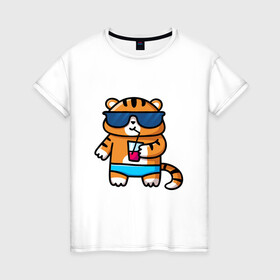 Женская футболка хлопок с принтом Веселый тигренок , 100% хлопок | прямой крой, круглый вырез горловины, длина до линии бедер, слегка спущенное плечо | 2022 | год тигра | новый год | новый год 2022 | символ года | тигр | тигренок | тигрица | тигры