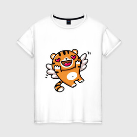 Женская футболка хлопок с принтом влюбленный тигренок , 100% хлопок | прямой крой, круглый вырез горловины, длина до линии бедер, слегка спущенное плечо | 2022 | год тигра | новый год | новый год 2022 | символ года | тигр | тигренок | тигрица | тигры