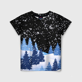Детская футболка 3D с принтом Снежная ночь в зимнем лесу , 100% гипоаллергенный полиэфир | прямой крой, круглый вырез горловины, длина до линии бедер, чуть спущенное плечо, ткань немного тянется | Тематика изображения на принте: christmas | christmas tree | happy new year | merry christmas | new year | snow | snowflakes | tree | белый снег | декабрь | ёлка | елки | зима | зима близко | зимний орнамент | зимний узор | лес | моро | новый год | пейзаж | подарок | природа