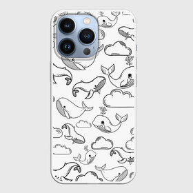 Чехол для iPhone 13 Pro с принтом Небесные киты (ЧБ) ,  |  | whale | детское | киты | летающие киты | небо | облака