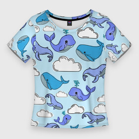 Женская футболка 3D Slim с принтом Небесные киты (цвет) ,  |  | whale | детская пижама | летающие киты | морское | небо