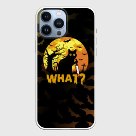 Чехол для iPhone 13 Pro Max с принтом WHAT CAT | HALLOWEEN ,  |  | Тематика изображения на принте: america | cat | halloween | usa | what | америка | тьма | ужас | хелловин | хеллоуин | хэллоуин | черный кот