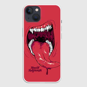 Чехол для iPhone 13 с принтом Пасть красного хищника ,  |  | day of the dead | dripping blood | fangs | happy halloween | holiday | long tongue | predator | teeth | день мертвых | длинный язык | зубы | капает кровь | клыки | праздник | хищник | хэллоуин