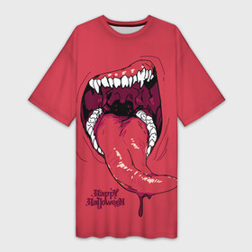 Платье-футболка 3D с принтом Пасть красного хищника ,  |  | day of the dead | dripping blood | fangs | happy halloween | holiday | long tongue | predator | teeth | день мертвых | длинный язык | зубы | капает кровь | клыки | праздник | хищник | хэллоуин