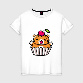 Женская футболка хлопок с принтом Тигренок   пирожное , 100% хлопок | прямой крой, круглый вырез горловины, длина до линии бедер, слегка спущенное плечо | 2022 | год тигра | новый год | новый год 2022 | символ года | тигр | тигренок | тигрица | тигры