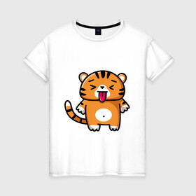 Женская футболка хлопок с принтом Милый тигренок   символ года 2022 , 100% хлопок | прямой крой, круглый вырез горловины, длина до линии бедер, слегка спущенное плечо | 2022 | год тигра | новый год | новый год 2022 | символ года | тигр | тигренок | тигрица | тигры