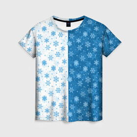 Женская футболка 3D с принтом Снежинки (зимняя пора) , 100% полиэфир ( синтетическое хлопкоподобное полотно) | прямой крой, круглый вырез горловины, длина до линии бедер | merry christmas | дед мороз | ёлка | зима | мороз | новый год | подарок | праздник | рождество | с новым годом | сантаклаус | снег | снеговик | снегурочка | снежинки | снежные узоры | узоры
