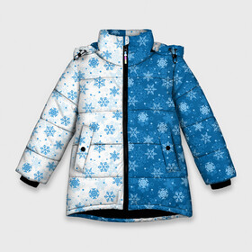 Зимняя куртка для девочек 3D с принтом Снежинки (зимняя пора) , ткань верха — 100% полиэстер; подклад — 100% полиэстер, утеплитель — 100% полиэстер. | длина ниже бедра, удлиненная спинка, воротник стойка и отстегивающийся капюшон. Есть боковые карманы с листочкой на кнопках, утяжки по низу изделия и внутренний карман на молнии. 

Предусмотрены светоотражающий принт на спинке, радужный светоотражающий элемент на пуллере молнии и на резинке для утяжки. | merry christmas | дед мороз | ёлка | зима | мороз | новый год | подарок | праздник | рождество | с новым годом | сантаклаус | снег | снеговик | снегурочка | снежинки | снежные узоры | узоры