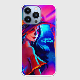 Чехол для iPhone 13 Pro с принтом Неоновая ведьма ,  |  | big hat | bright colors | day of the dead | flowers | girl | happy halloween | neon light | skull makeup | witch | большая шляпа | ведьма | девушка | день мертвых | макияж череп | неоновый свет | праздник | хэллоуин | цветы | яркие краски