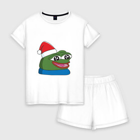 Женская пижама с шортиками хлопок с принтом Pepe, pepe happy, Пепе хеппи, pepe happy new year , 100% хлопок | футболка прямого кроя, шорты свободные с широкой мягкой резинкой | frog pepe | happy | happy new year | mem | meme | peepo | pepe | pepe happy | pepe happy new year | лягушка пепе | лягушонок | лягушонок пепе | пепе хеппи | хеппи