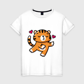 Женская футболка хлопок с принтом влюбленный тигр , 100% хлопок | прямой крой, круглый вырез горловины, длина до линии бедер, слегка спущенное плечо | Тематика изображения на принте: 2022 | год тигра | новый год | новый год 2022 | символ года | тигр | тигренок | тигрица | тигры