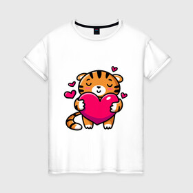 Женская футболка хлопок с принтом Милый тигренок с сердечком , 100% хлопок | прямой крой, круглый вырез горловины, длина до линии бедер, слегка спущенное плечо | 2022 | год тигра | новый год | новый год 2022 | символ года | тигр | тигренок | тигрица | тигры