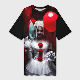 Платье-футболка 3D с принтом Плохая девочка с красными шарами ,  |  | bad girl | balloons | blonde | clown | girl | halloween | happy halloween | holiday | red | white dress | witch | белое платье | блондинка | ведьма | воздушные шары | девушка | клоун | красные | праздник | хэллоуин