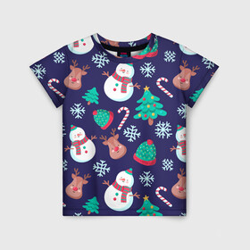 Детская футболка 3D с принтом Рождественский Паттерн , 100% гипоаллергенный полиэфир | прямой крой, круглый вырез горловины, длина до линии бедер, чуть спущенное плечо, ткань немного тянется | deer | merry christmas | веселого рождества | ели | елки | олени | рождество | снеговики | снежинки