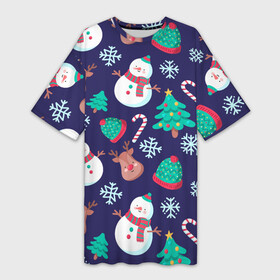 Платье-футболка 3D с принтом Рождественский Паттерн ,  |  | deer | merry christmas | веселого рождества | ели | елки | олени | рождество | снеговики | снежинки