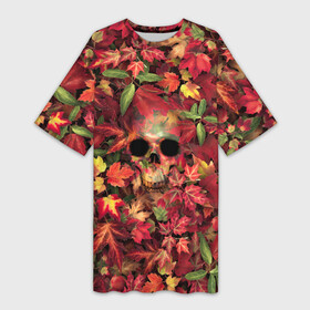 Платье-футболка 3D с принтом Осенний череп ,  |  | halloween | клен | кленовые | листья | осень | скелет | хеллоуин | череп
