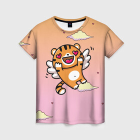 Женская футболка 3D с принтом милый влюбленный тигренок , 100% полиэфир ( синтетическое хлопкоподобное полотно) | прямой крой, круглый вырез горловины, длина до линии бедер | Тематика изображения на принте: 2022 | год тигра | новый год | новый год 2022 | символ года | тигр | тигренок | тигрица | тигры