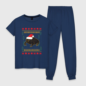 Женская пижама хлопок с принтом Рождественский свитер Жаба , 100% хлопок | брюки и футболка прямого кроя, без карманов, на брюках мягкая резинка на поясе и по низу штанин | christmas | ugly sweater | африканская лягушка | дождевая лягушка | жаба | зима | зимний | лягушка | новый год | рождественский свитер | рождество | уродливый свитер | черная лягушка